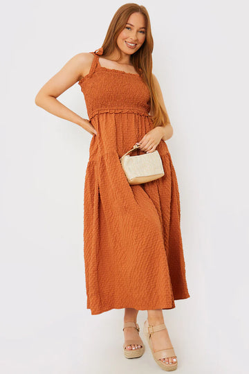 Bandeau Shirred Bust Tie Strap Midaxi Dress